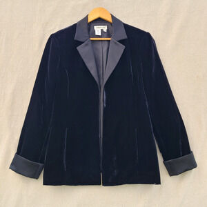 Coldwater Creek Black Open Front Velvet Blazer Jacket Satin Trim Womens Size M